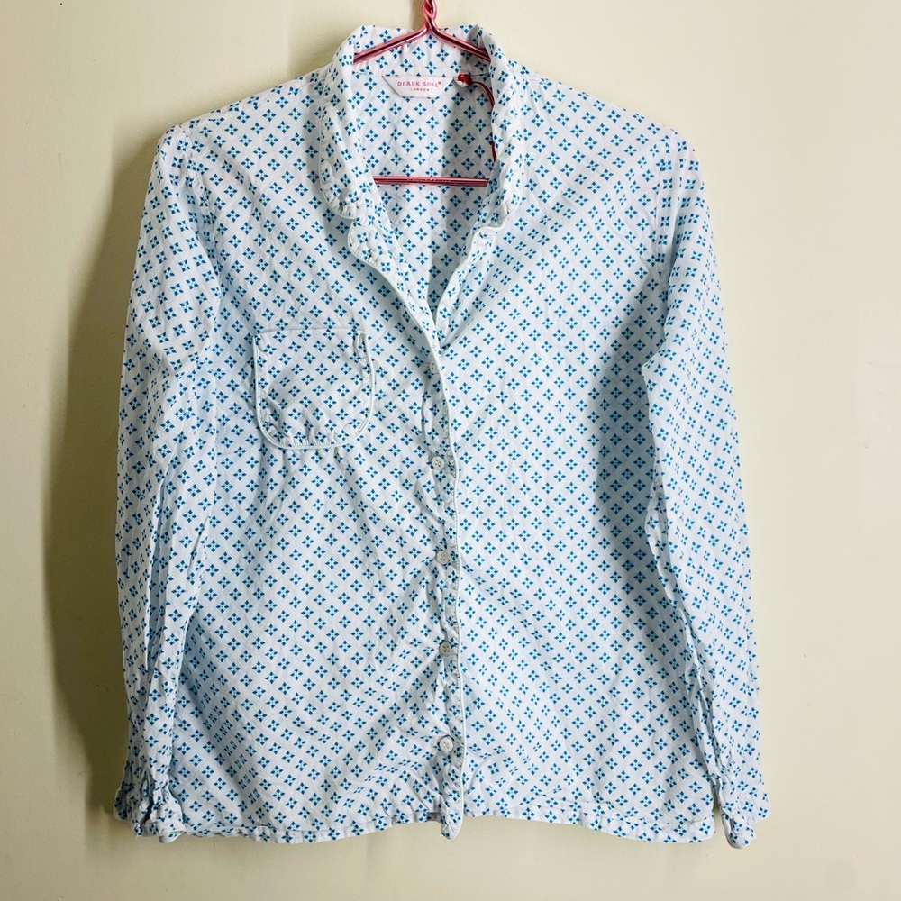 Derek Rose Pajama Top Button Down White Blue size M